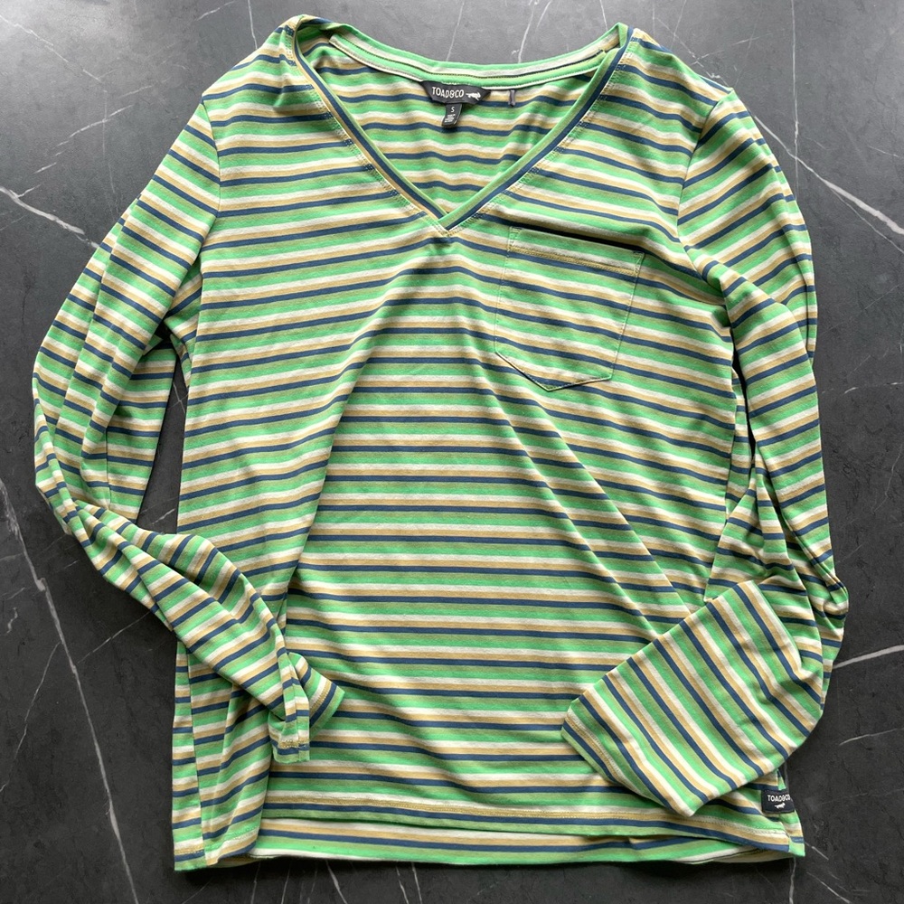 Toad&Co Green, Blue, and Yellow Striped V-Neck Shirt